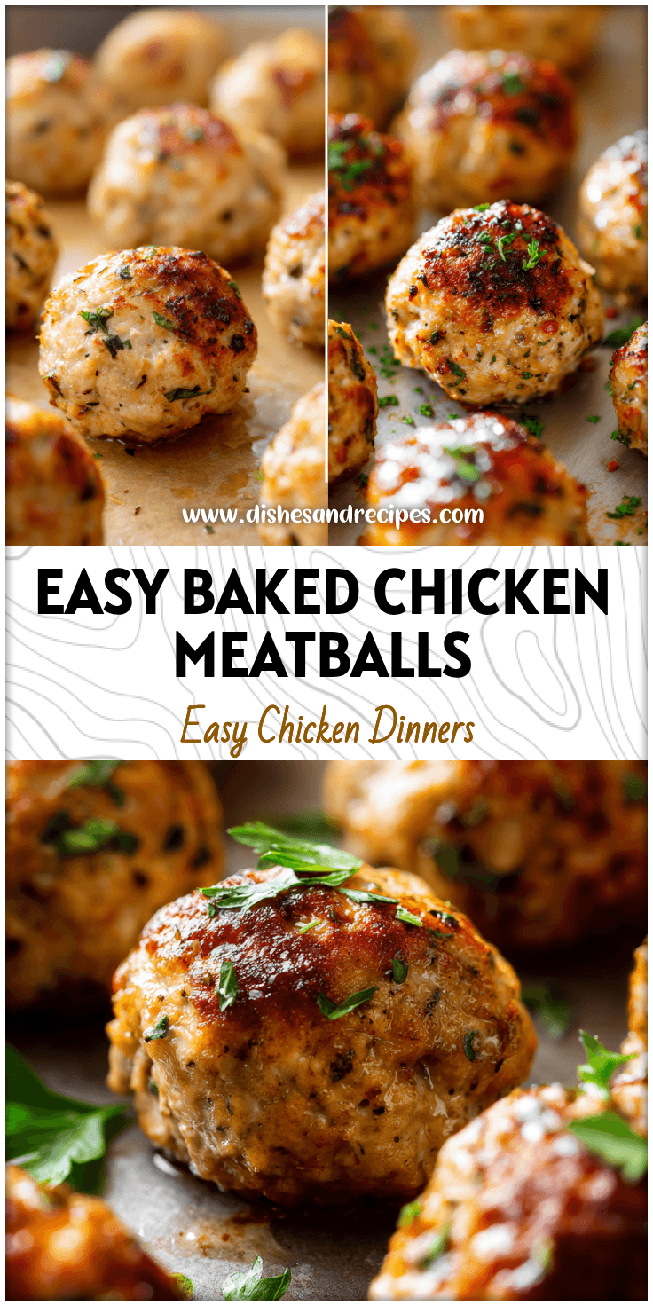 Golden baked chicken meatballs on a tray, showing easy chicken meatballs baked recipe with fresh herbs.